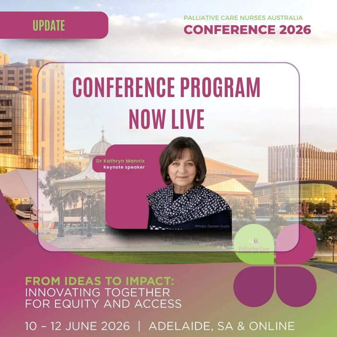 The PCNA Conference 2026 program is live.

We are delighted to welcome Dr Kathryn Mannix as a keynote speaker in Adelaide this June.

Known for her wisdom, warmth, and honesty, Dr Mannix brings powerful insight into what it means to care well, to lis