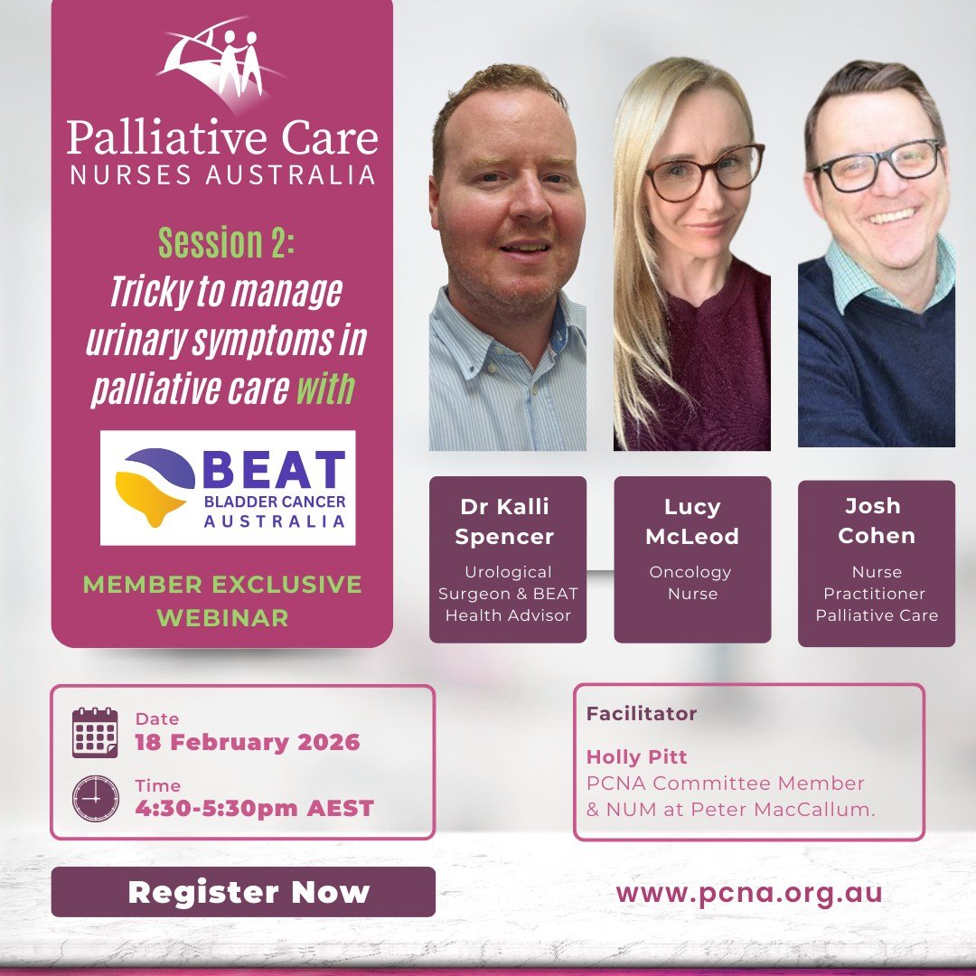 Have you registered yet?

Session 2 in our 2026 webinar series "Tricky to manage urinary symptoms in palliative care"

Urinary symptoms are common in palliative care, and often complex to manage. Pain, retention, frequency and nocturia can 