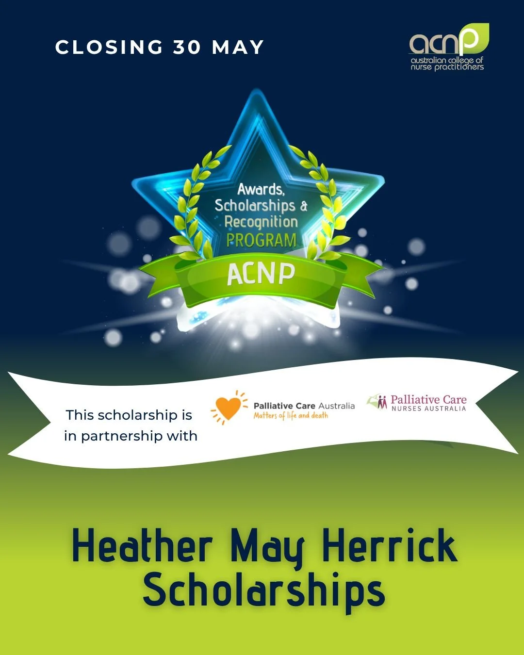 Applications are now open.

PCNA is proud to partner with the @acnpnational and @palliative.care.australia to support Nurse Practitioner growth and professional opportunity across palliative care.

The Heather May Herrick Scholarships are now open, w
