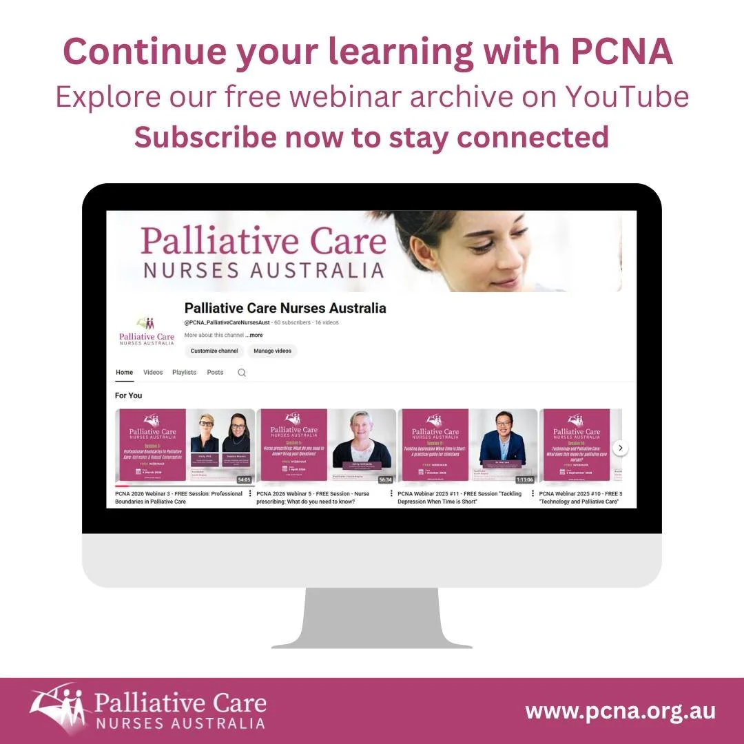 Looking to continue your learning in palliative care nursing?

Our free webinar archive on YouTube gives you access to a growing library of recordings covering clinical updates, practical topics and thoughtful conversations from across the sector.

W