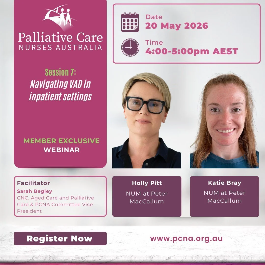 We&rsquo;re looking forward to connecting with our members again tomorrow for our next PCNA Member Exclusive Webinar as we explore the evolving realities of VAD within inpatient palliative care settings.

Holly Pitt and Katie Bray from Peter MacCallu