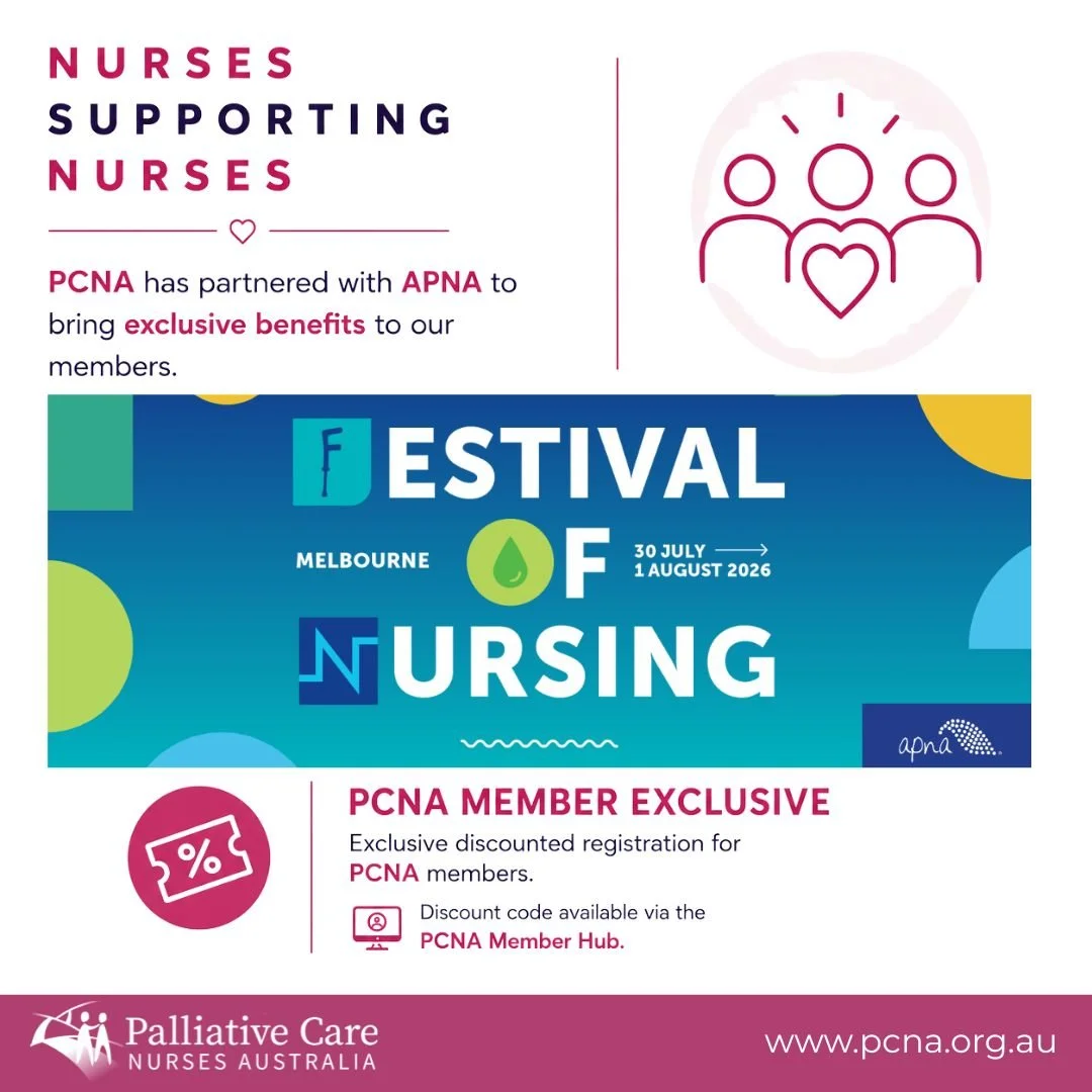 Melbourne. Hundreds of nurses. Three days of connection, ideas and inspiration.

Palliative Care Nurses Australia members are now able to access an exclusive discounted registration rate for @apnanurses's Festival of Nursing 2026, taking place from 3