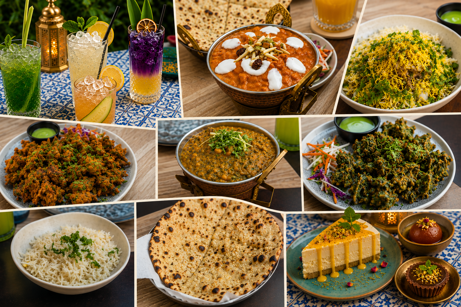 A variety of Indian dishes and drinks on a table, including colorful cocktails, biryani, chickpea curry, vegetable dishes, naan bread, rice, and desserts such as cheesecake, chocolates, and flavored drinks.