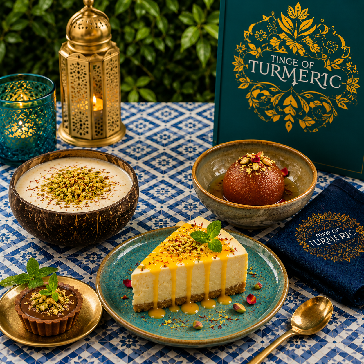 An assortment of desserts and turmeric products on a patterned tablecloth, including a slice of cheesecake, a bowl of milk pudding topped with pistachios, a bowl of gulab jamun garnished with pistachios, a chocolate tart with pistachios and mint, a box labeled 'Tinge of Turmeric,' and a decorative lantern and candle.