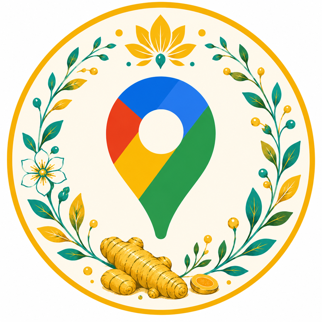 A decorative logo with a Google map pin, surrounded by a floral wreath with yellow, green, and white flowers, yellow berries, ginger root, and an orange slice.