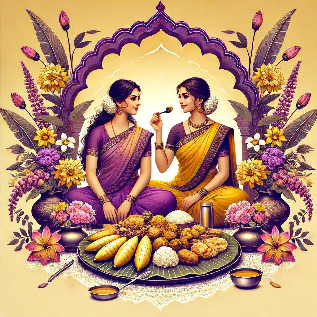 Two women dressed in traditional Indian sarees sitting on the floor surrounded by flowers and offerings, with one woman feeding the other during a festive celebration.