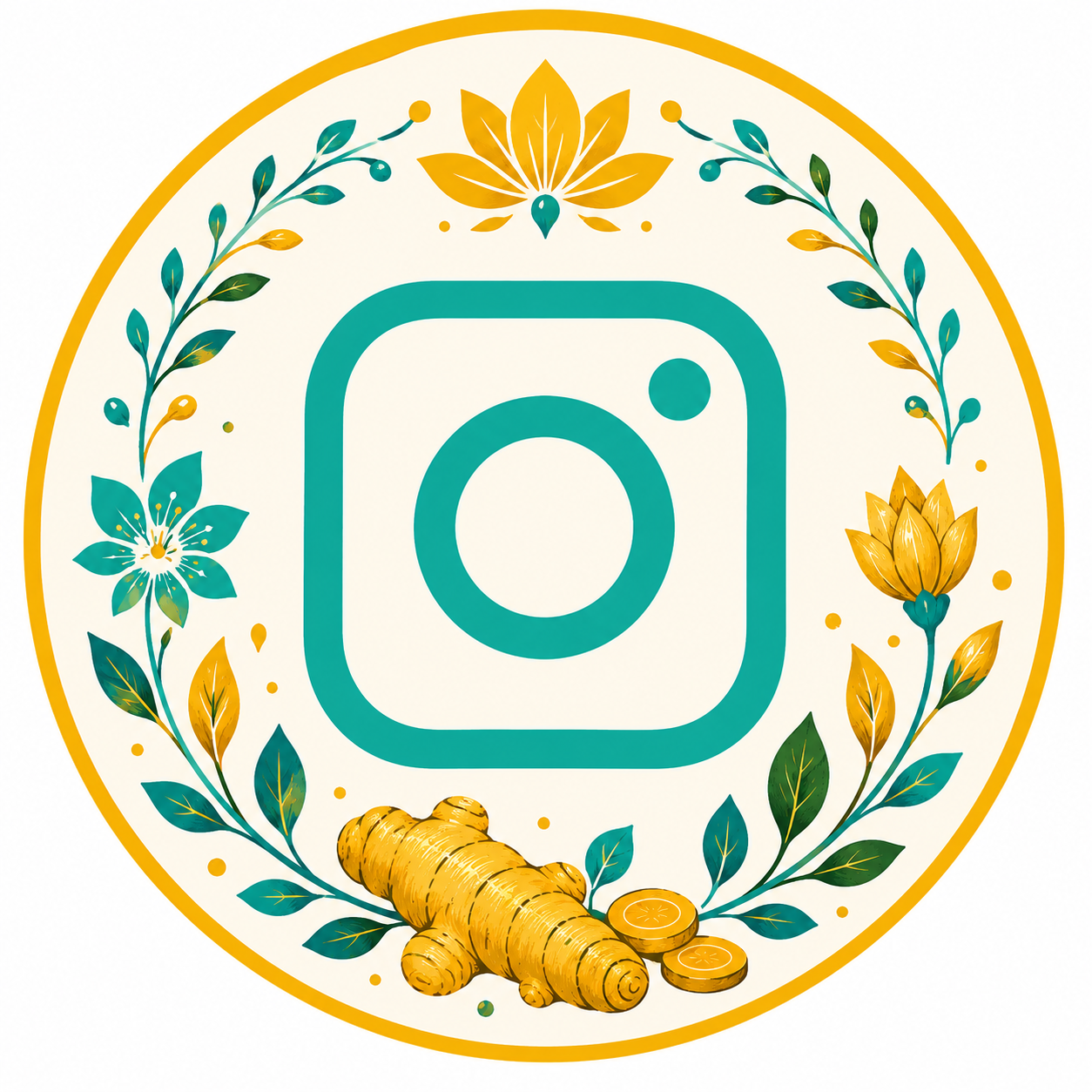 Instagram logo surrounded by yellow floral and ginger illustrations with leaves, flowers, and ginger root at the bottom.