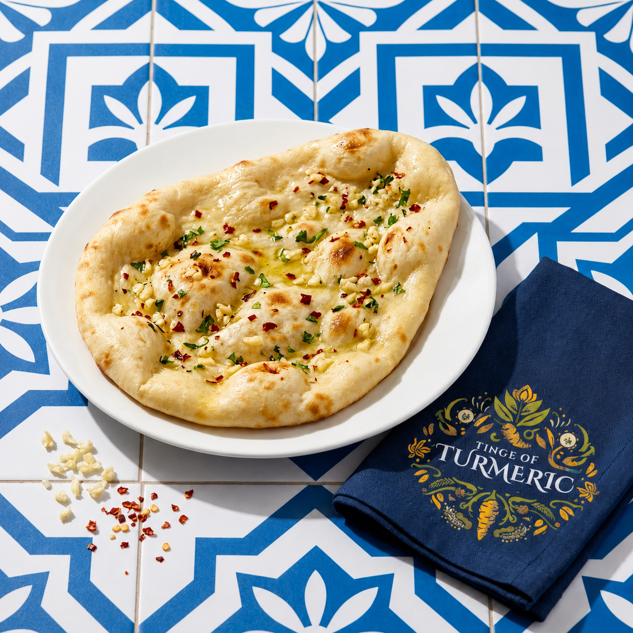 A pizza with a thick crust topped with cheese, chopped herbs, garlic, and red pepper flakes on a white plate, placed on a blue and white patterned tile table next to a navy napkin with a turmeric-themed design.