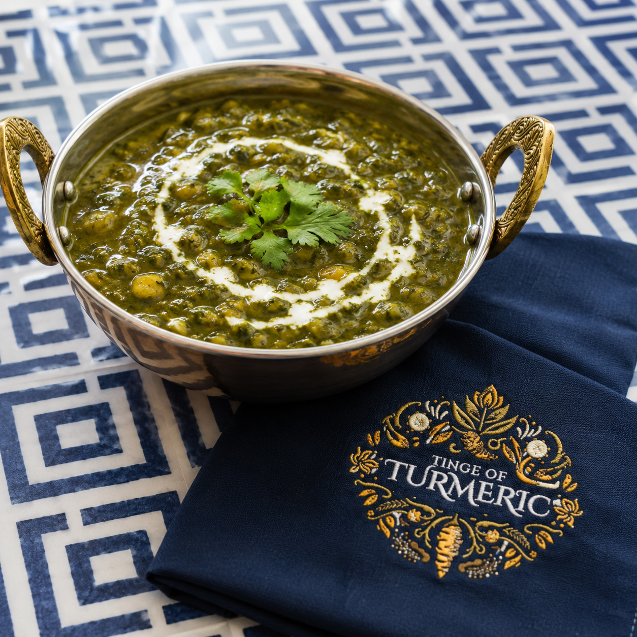 A bowl of turmeric lentil or mung bean soup garnished with cilantro and a swirl of cream, placed on a patterned cloth with a navy napkin embroidered with 'Tinge of Turmeric.'