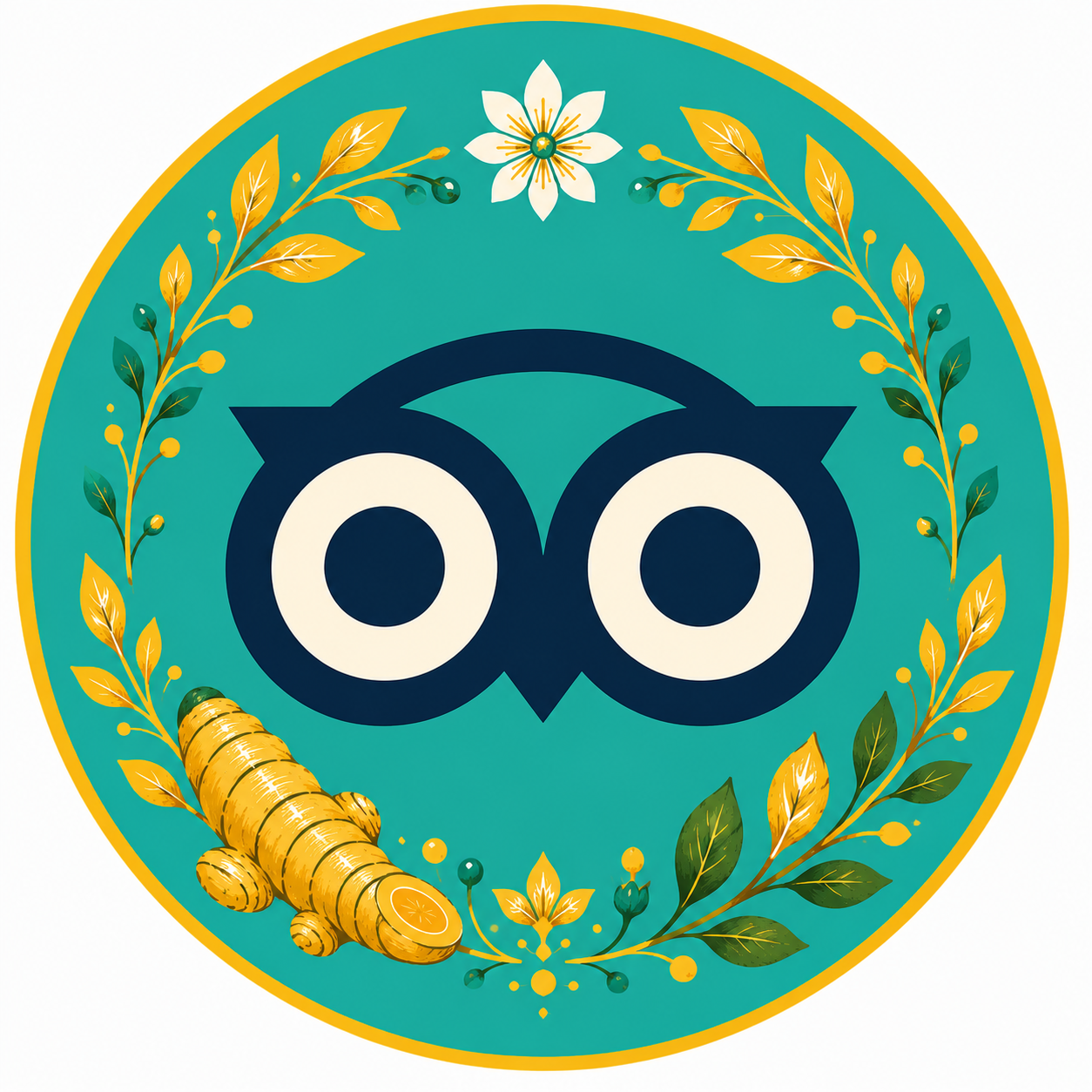 Illustration of an owl's face with large eyes, surrounded by decorative yellow and green leaves, a white flower at the top, and a piece of turmeric root at the bottom, all enclosed in a circular teal background with a yellow border.