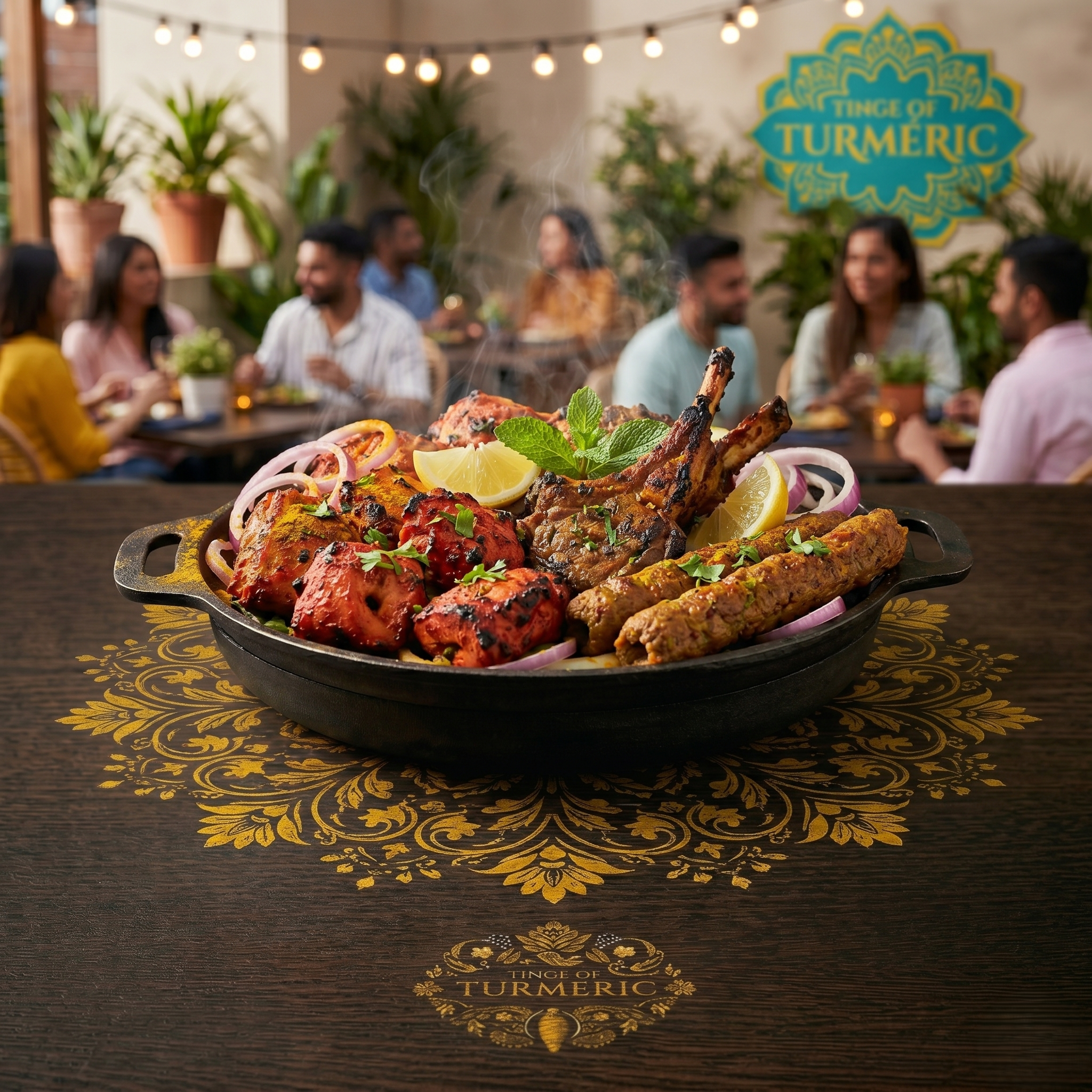 A plate of grilled meat with lemon wedges, mint leaves, and onions in the foreground. In the background, there are people sitting at a table, smiling and chatting, with a sign that reads 'Tinge of Turmeric' on the wall, decorated with plants and string lights.
