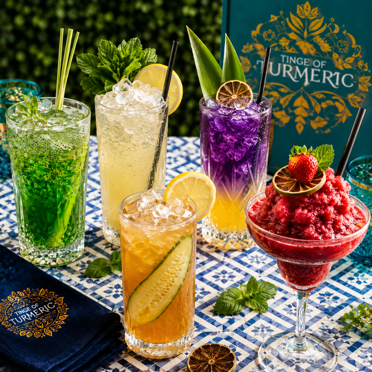 Colorful assortment of mocktail drinks garnished with fruits and herbs on a patterned tablecloth, with a turmeric-themed menu in the background.