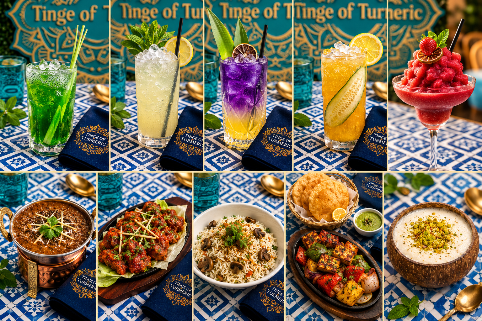 A vibrant display of Indian food and drinks on a blue and white patterned tablecloth. Five colorful cocktails with garnishes, a bowl of cucumber and mint raita, a dish of spicy chicken, a bowl of vegetable pulao, a basket of pani puri, and a bowl of creamy kulfi topped with pistachios.