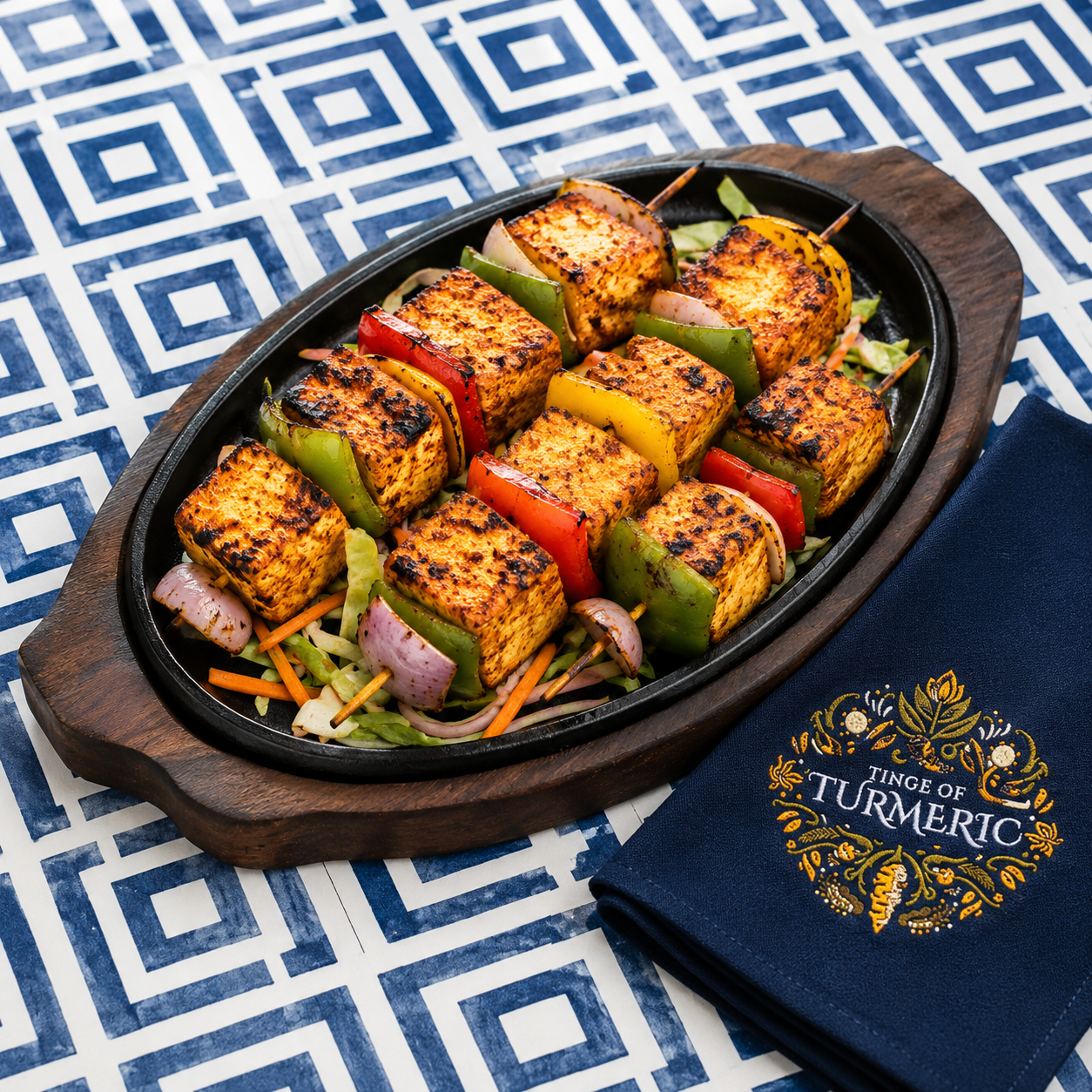 Skewers of grilled tofu and vegetables on a sizzling cast iron plate, resting on a wooden board, with a decorative napkin that has a turmeric branding, on a blue and white geometric table.