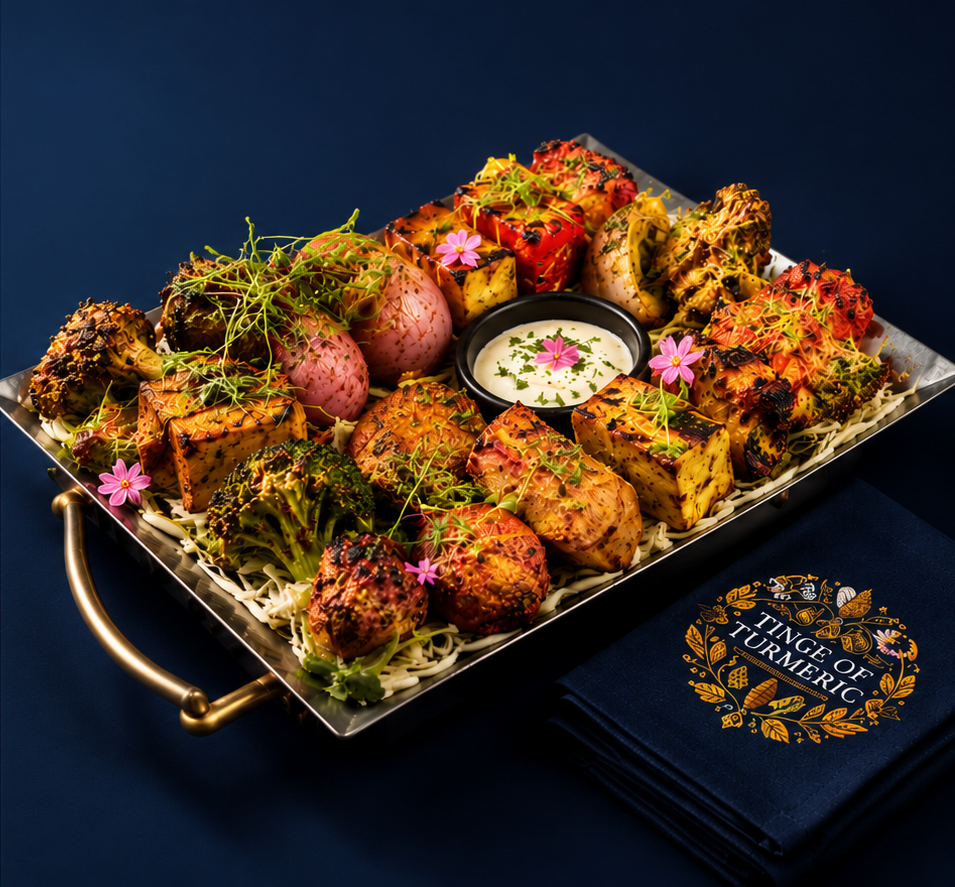 Assorted grilled vegetable skewers with herbs and flowers, served on a silver platter with a dipping sauce in the center.