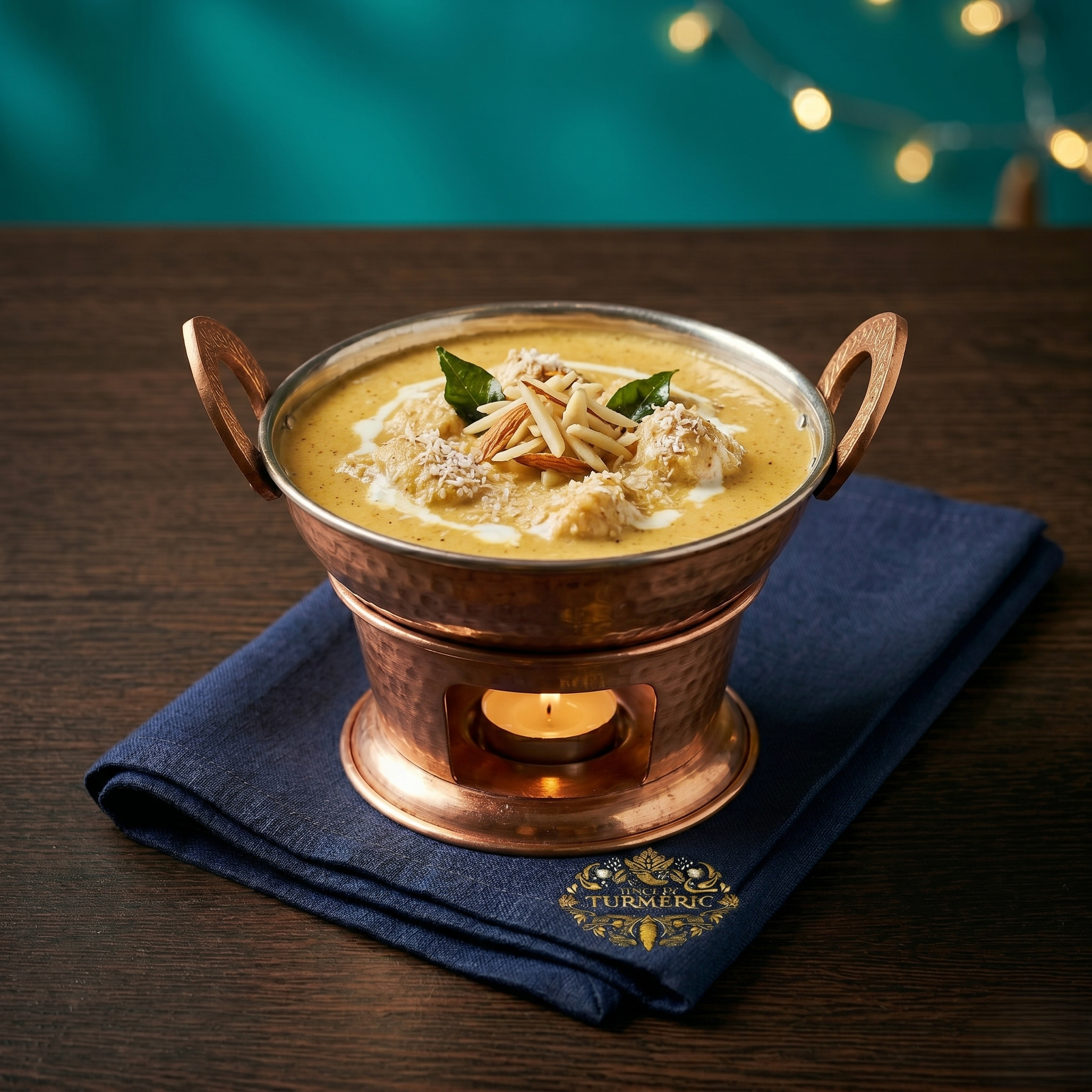 A bowl of golden turmeric latte garnished with shredded cheese, almond slices, and mint leaves, placed on a blue cloth with a decorative emblem, on a dark wooden surface.