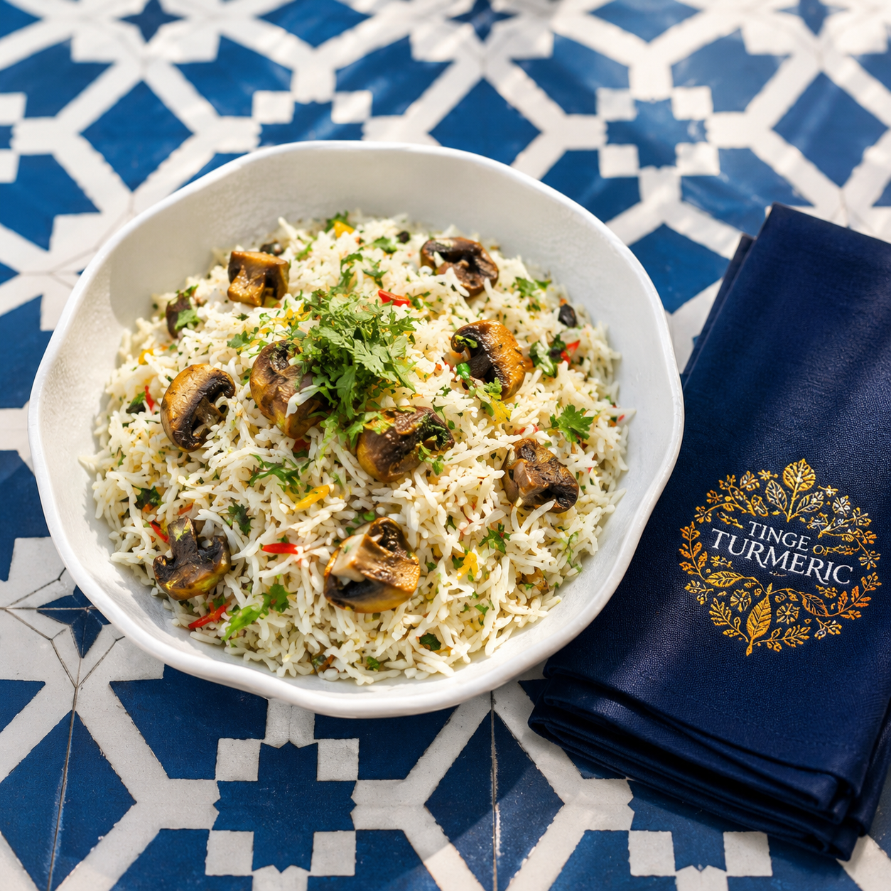 Bowl of cooked rice with mushrooms, chopped herbs, and red bell pepper on a blue and white patterned table, next to a navy blue napkin with gold text and a decorative design reading "Tinge Turmeric."