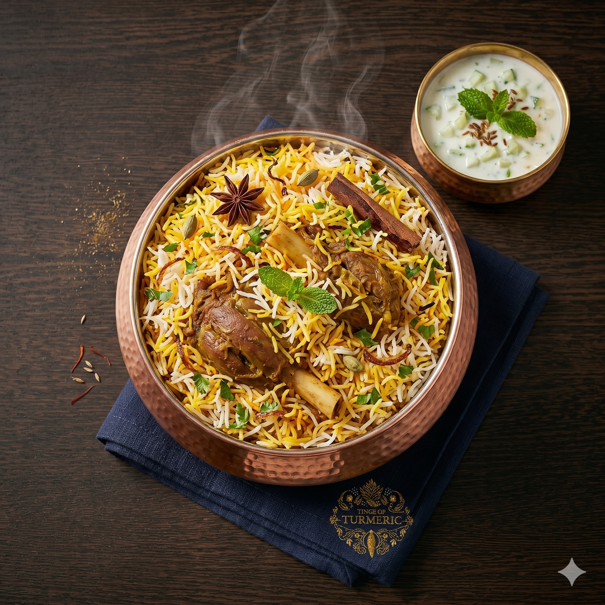 A bowl of seasoned rice with spices and herbs, and a small bowl of yogurt with cucumber and mint garnish on a dark wooden table.
