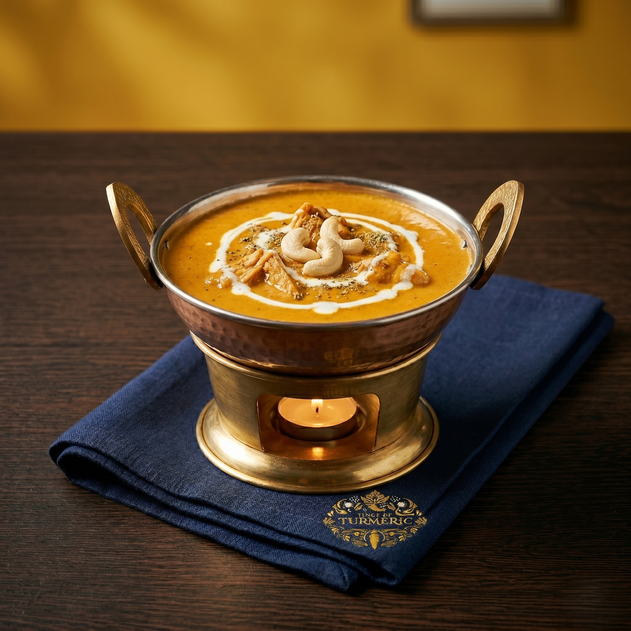A bowl of golden turmeric milk garnished with nuts and drizzled with white cream, placed on a blue cloth with gold embroidery on a dark wooden surface.