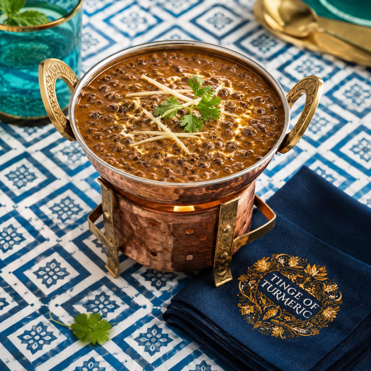 A copper serving bowl of black lentil soup garnished with cilantro and ginger slices on a blue and white patterned tablecloth, with a blue napkin reading 'Tinge of Turmeric' and a glass of water in the background.