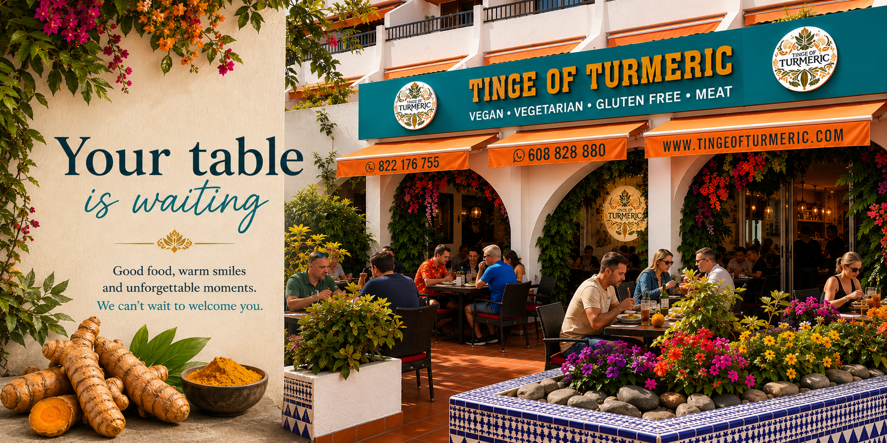 Outdoor restaurant patio with people dining, colorful flowers, and a sign for 'Tinge of Turmeric' with information about vegan, vegetarian, gluten-free, and meat options.