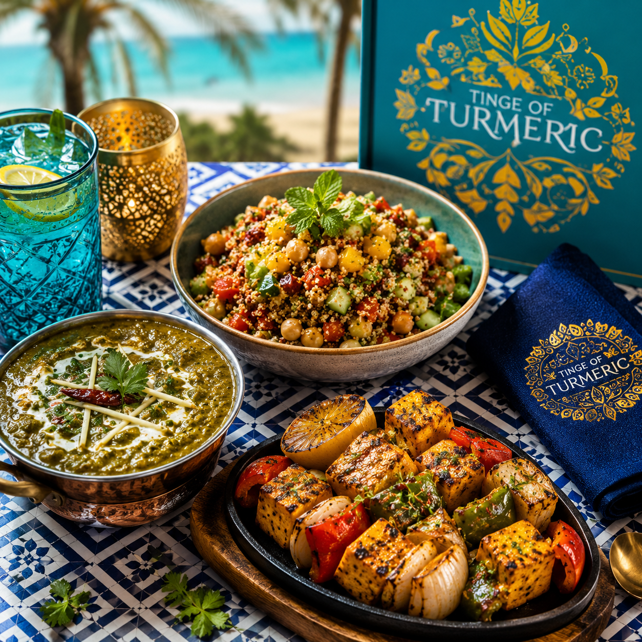A table set with Indian food and drinks, including a chickpea salad in a bowl garnished with mint, a spinach soup decorated with ginger slices, grilled paneer and vegetable skewers, and a glass of iced drink with lemon, all against a backdrop of a beach view. There are also two boxes labeled "Tinge of Turmeric" and a dark blue napkin.