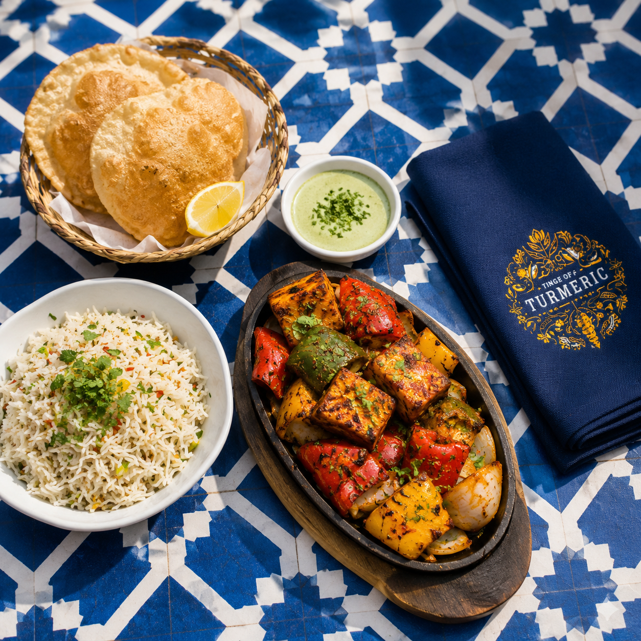 A colorful Indian meal on a patterned blue and white table, including basmati rice garnished with cilantro, grilled mixed vegetables, deep-fried bread with lemon, and a bowl of green sauce.