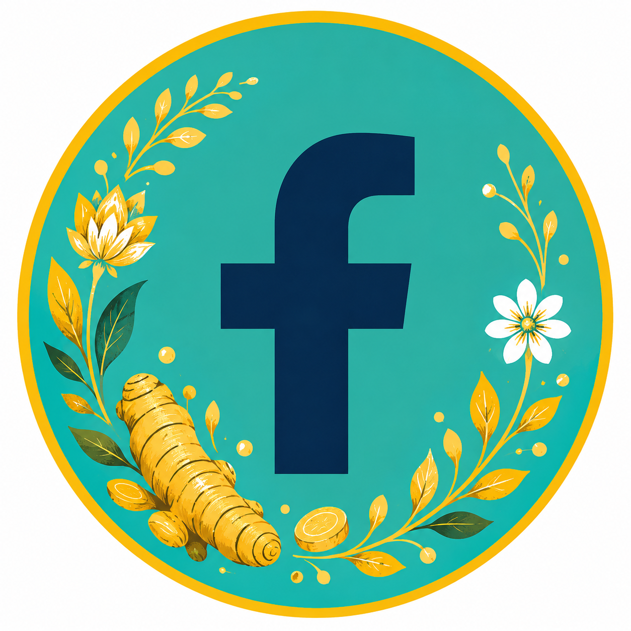 Illustration of a Facebook logo with floral and herbal elements including a turmeric root, leaves, and flowers on a teal background with a yellow border.