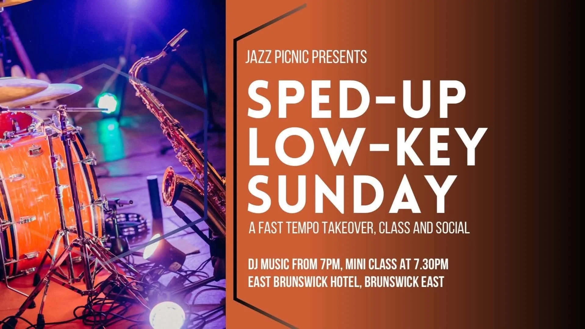 This weekend!!! We&rsquo;re pleased to be co-hosting a sped up edition of Low Key Sunday 23/8 @7pm East Brunswick Hotel with our Jazz Picnic friends. Dj&rsquo;s Kris and Asha will share their fave balboa, Charleston and faster lindy hop tracks. A min