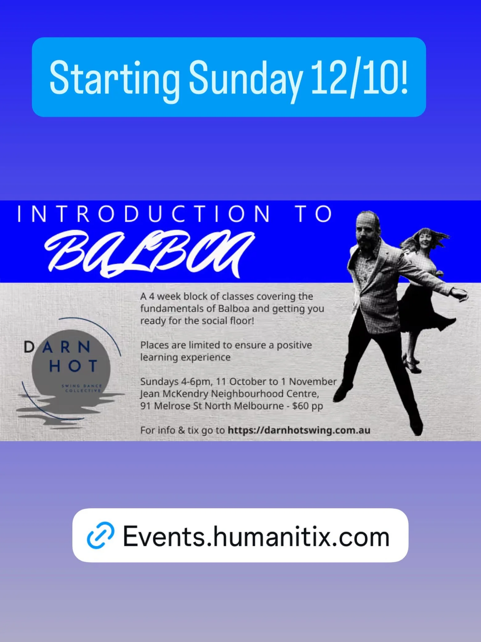 Kris and Raif kick off four weeks of balboa basics tomorrow afternoon: Jean McKendry Neighbourhood Centre, 91-111 Melrose St, North Melbourne
Dates: 11, 18, 25 Oct &amp; 1 Nov 2026
Time: 4:00-6:00 pm

Includes 90 minutes of class time each Sunday
Fol