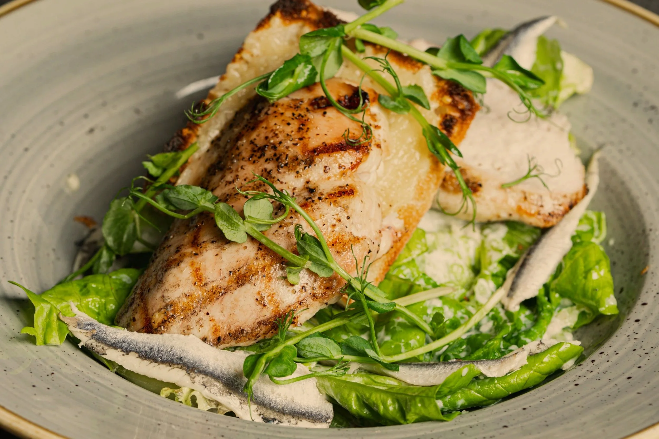 Grilled fish fillet garnished with fresh herbs, served on a bed of lettuce and greens.