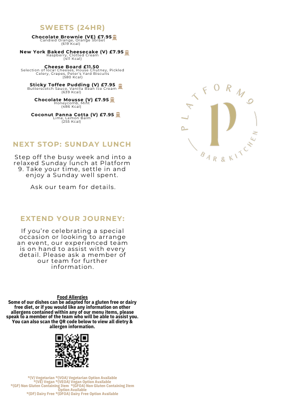 Menu from Plat 4 Bar & Kitchen featuring a list of 24-hour sweet options including chocolate brownie, New York baked cheesecake, cheese board, sticky toffee pudding, chocolate mousse, coconut panna cotta; Saturday lunch section; information about special occasions; and a QR code for allergen information.