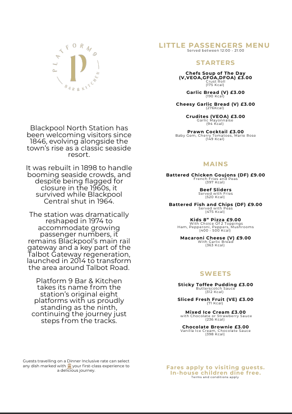 Blackpool North Station's Little Passengers Menu with starters, mains, sweets, and fare information; includes brief station history and menu items like soup, bread, seafood, chicken, burgers, and desserts.