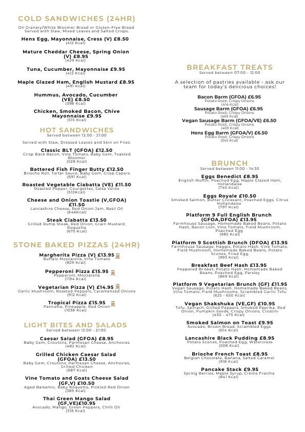 Menu displaying various food options including sandwiches, hot dishes, stone baked pizzas, and light bites and salads, with descriptions and prices.