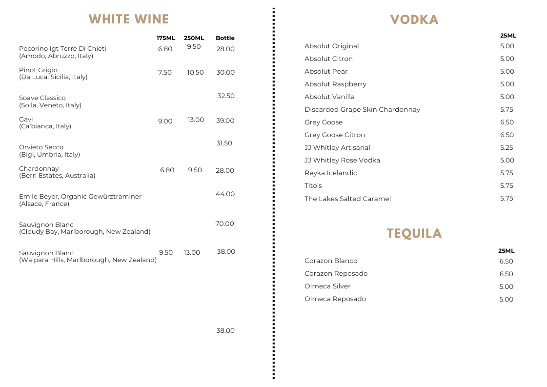 Menu displaying wine, vodka, and tequila options with prices for 175 ml, 250 ml, and bottles.