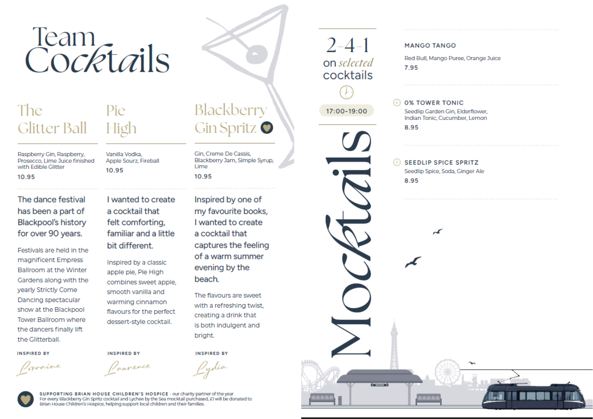 A promotional flyer for a cocktail event titled 'Team Cocktails', featuring a list of cocktail options with ingredients and prices, an event time of 17:00-19:00, and a background illustration of a city skyline with iconic landmarks and a tram.