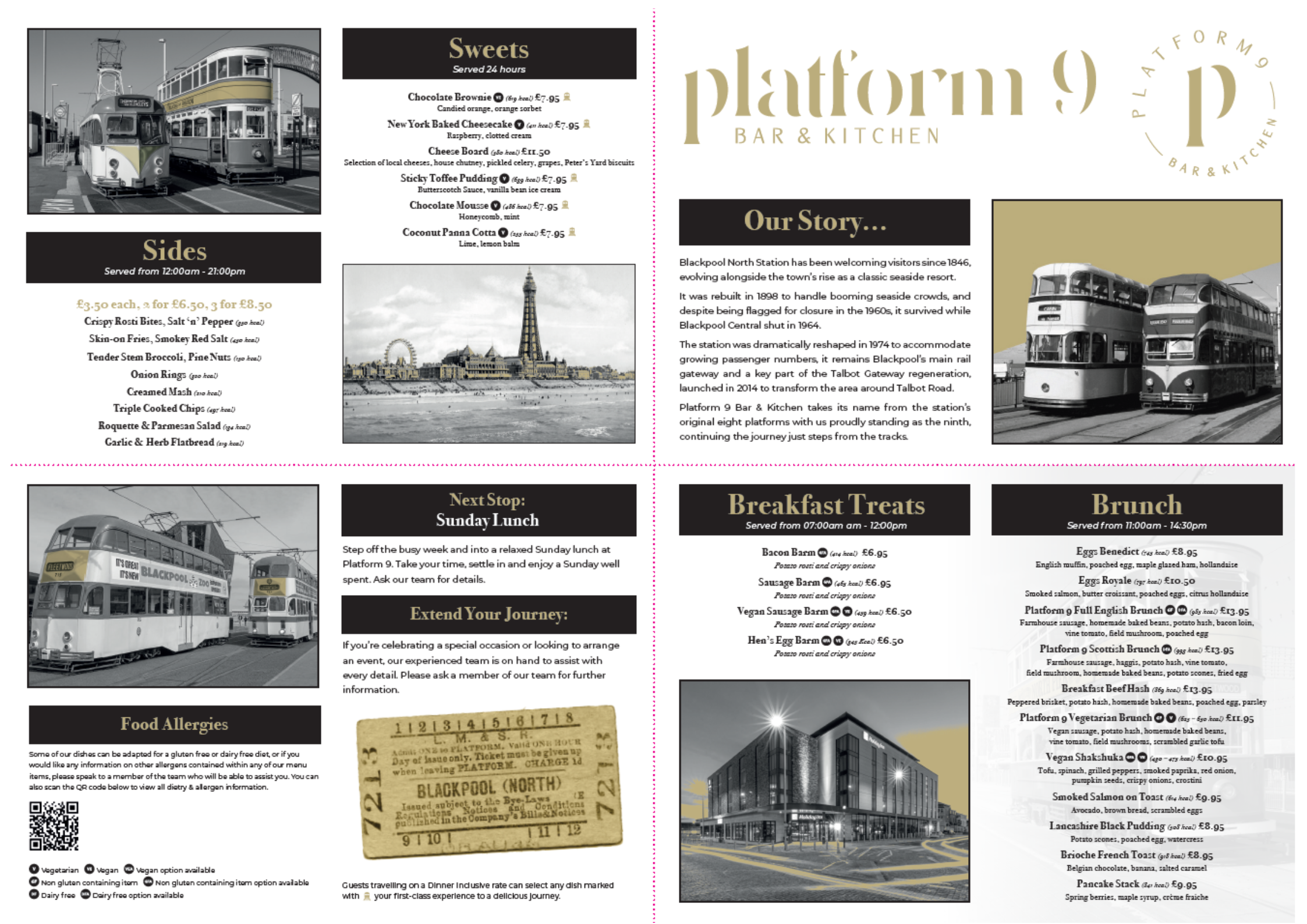 Menu for Platform 9 Bar & Kitchen featuring sweets, sides, lunch, breakfast, and brunch options, with images of trams and the building exterior.
