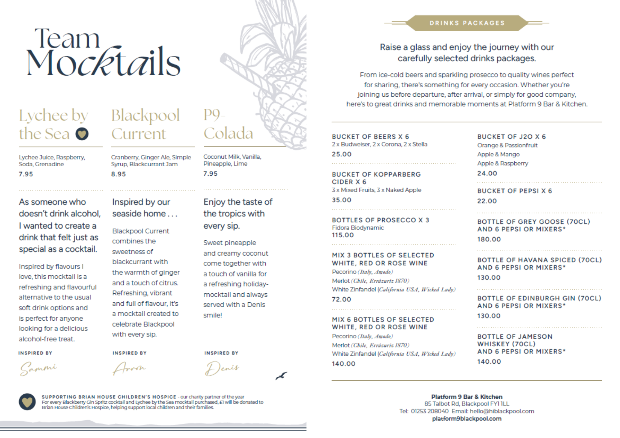 Menu for Team Mocktails featuring drinks like Lychee by the Sea, Blackpool Current, and P9-Colada, along with various drink packages and prices.