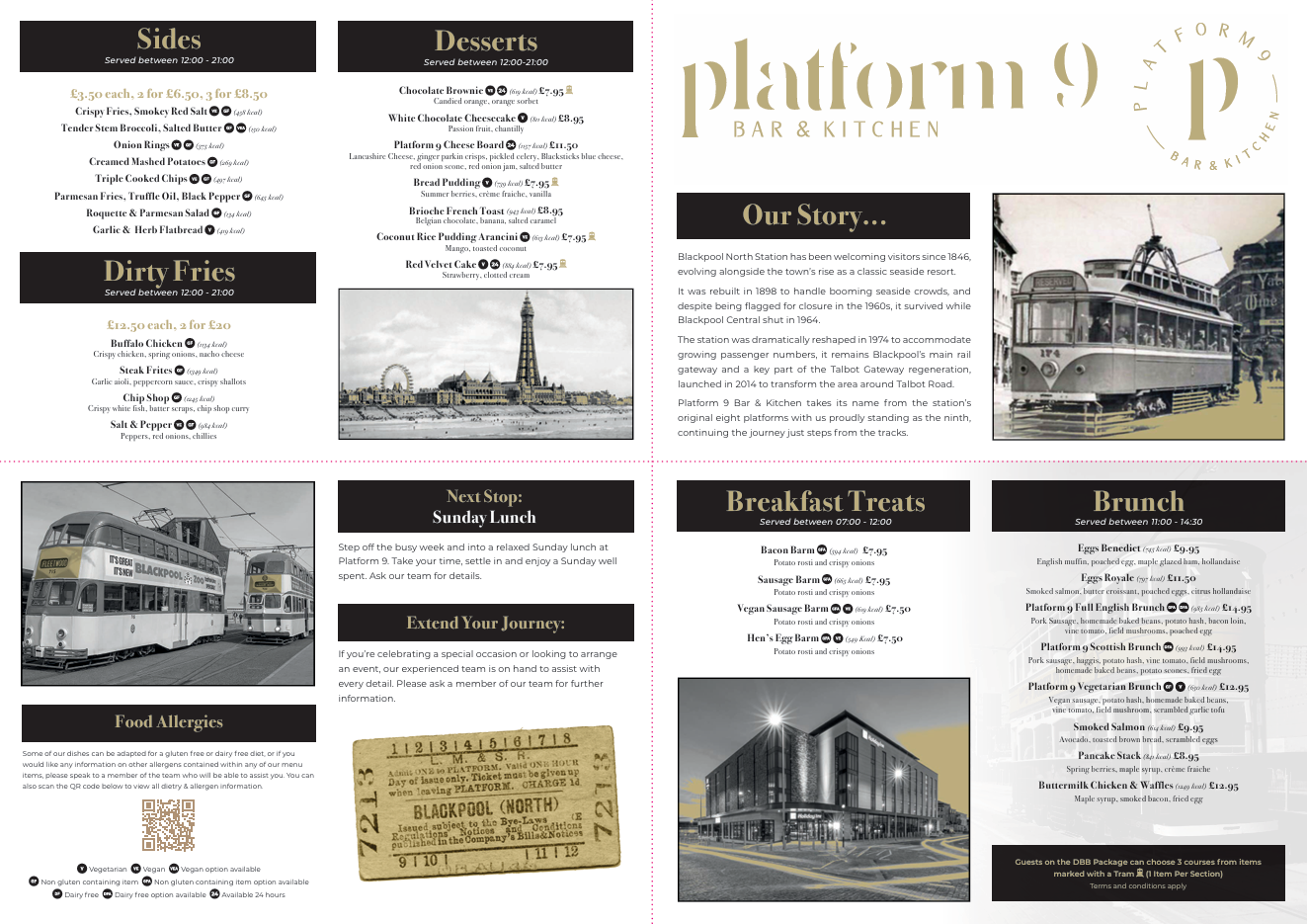 Blackpool Platform 9 Bar & Kitchen menu, featuring sections for Sides, Desserts, Dirty Fries, Next Stop Sunday Lunch, Breakfast Treats, Brunch, and a story about the location, with images of vintage trams and the exterior of the bar.
