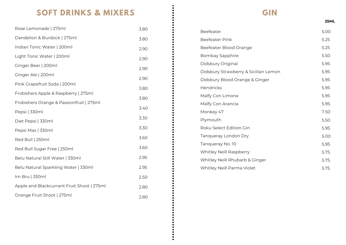 Menu featuring soft drinks, mixers, and gin options with prices listed in dollars.