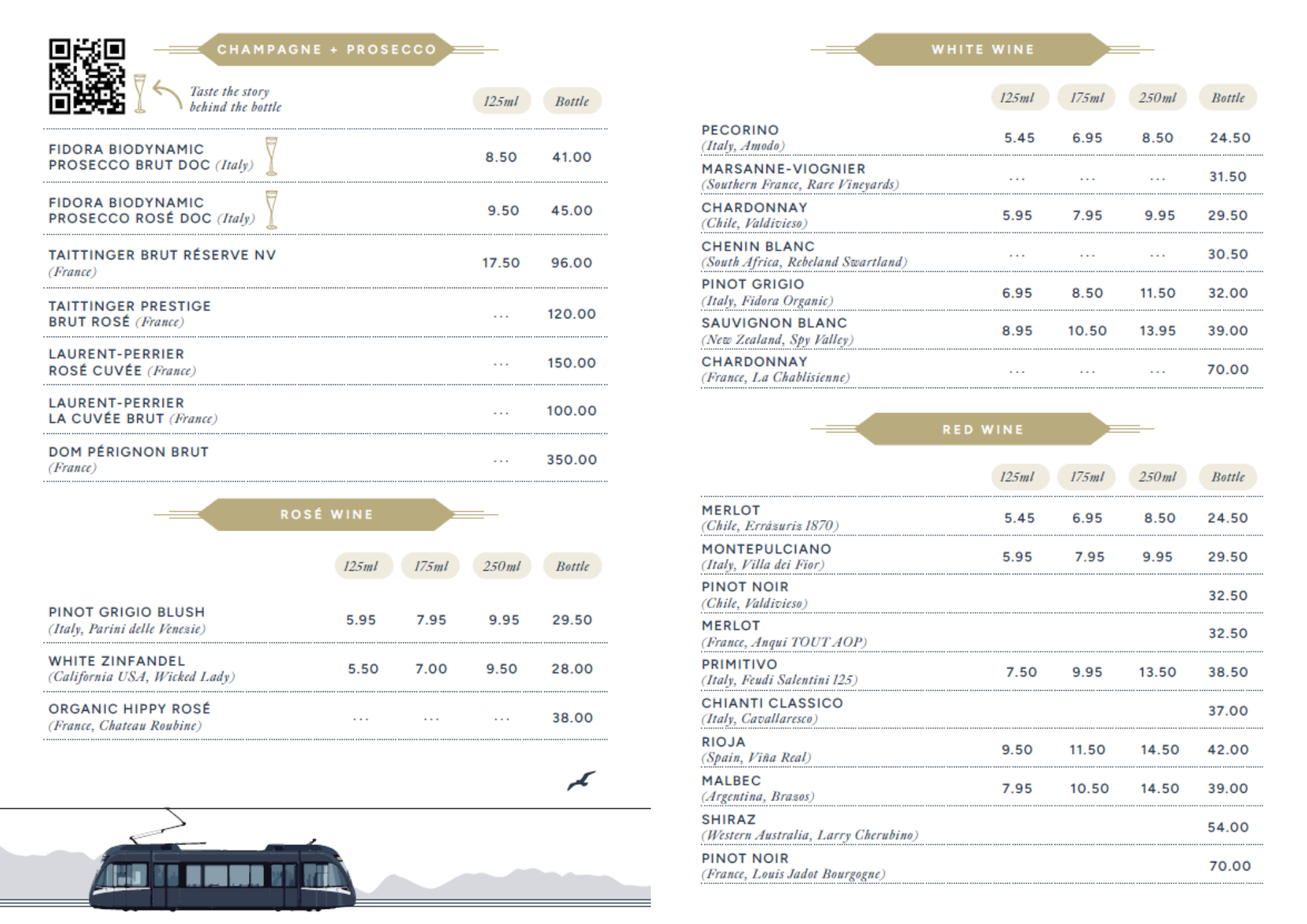 A wine and champagne menu listing various bottles and prices, with a QR code at the top left and an illustration of a building at the bottom left.