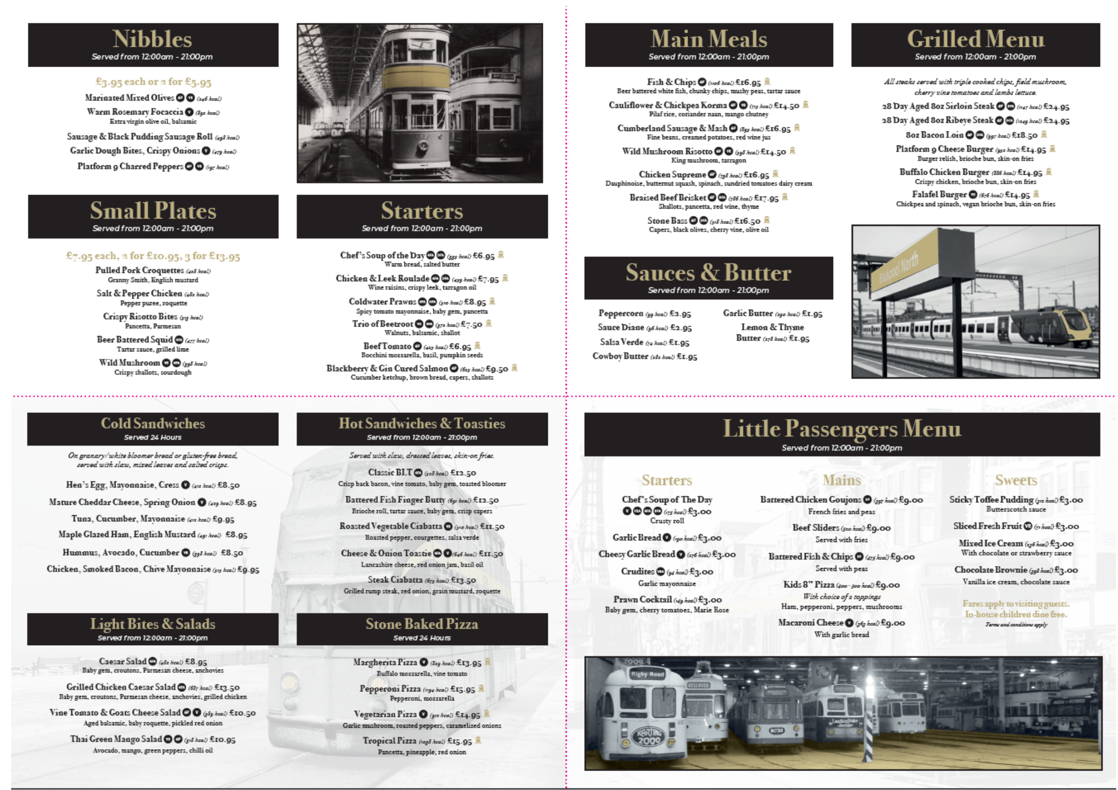 Menu featuring sections for Nibbles, Main Meals, Grilled Menu, Small Plates, Starters, Sauces & Butter, Cold Sandwiches, Hot Sandwiches & Toasties, Little Passengers Menu, and an image of trains at a station. Each section lists food items, descriptions, prices, and serving times.