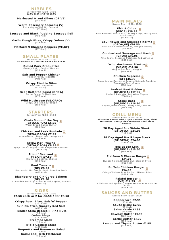 Menu listing various dishes including marinated mixed olives, warm rosemary focaccia, sausage and black pudding sausage roll, garlic dough bites, crispy onions, charred peppers, small plates like pulled pork croquettes and salt and pepper chicken, and starters like chef's soup, chicken and leek roulade, and coldwater prawns. Main meals include fish and chips, cauliflower and chickpea korma, Cumberland sausage and mash, wild mushroom risotto, chicken supreme, braised beef brisket, Steak Basso, and grilled options. Grilled meals feature 28-day-aged steak and chicken dishes. Grill menu offers various steaks and chicken burger options. Sauces and butters include peppercorn, Diane, garlic herb, and lemon thyme butter.