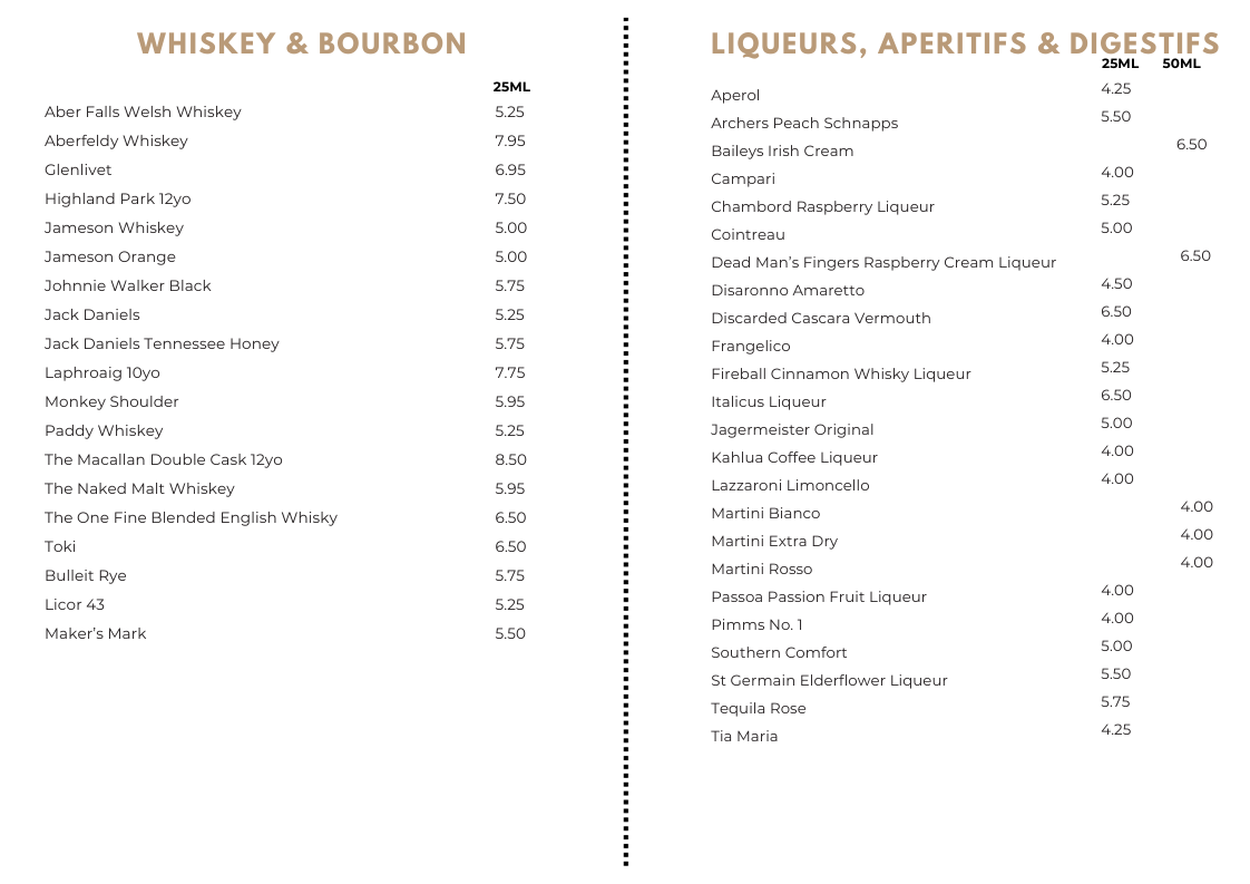 Menu featuring whiskey, bourbon, liqueurs, aperitifs, and digestifs with prices for 25ml and 50ml servings.