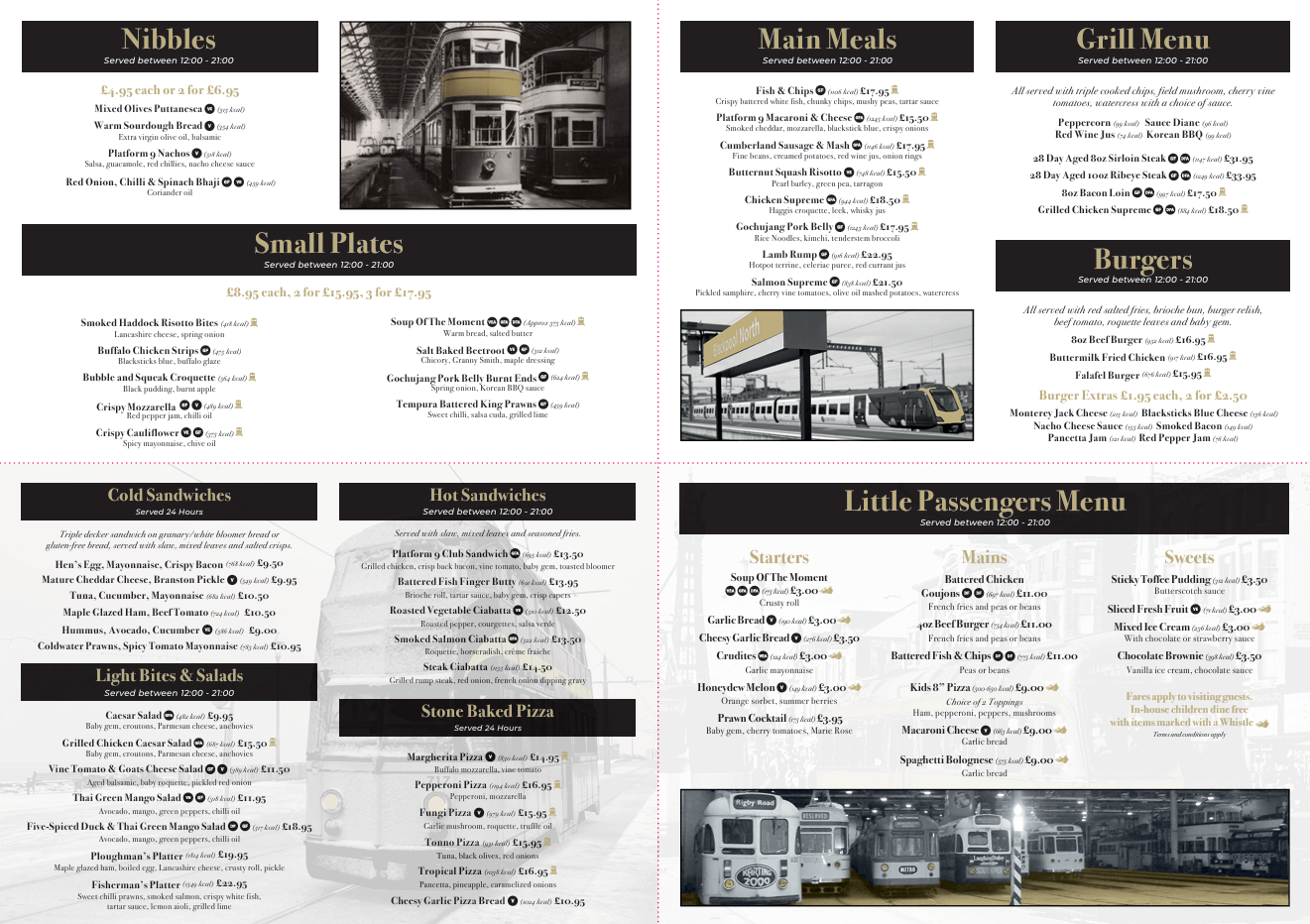 A detailed menu featuring various food categories such as Nibbles, Main Meals, Grill Menu, Small Plates, Burgers, Cold Sandwiches, Hot Sandwiches, Light Bites & Salads, Stone Baked Pizza, and Little Passengers Menu. The menu includes items with prices and descriptions, and is divided into sections with headers and accompanying images of a train station, vintage trains, and a black-and-white train station interior.