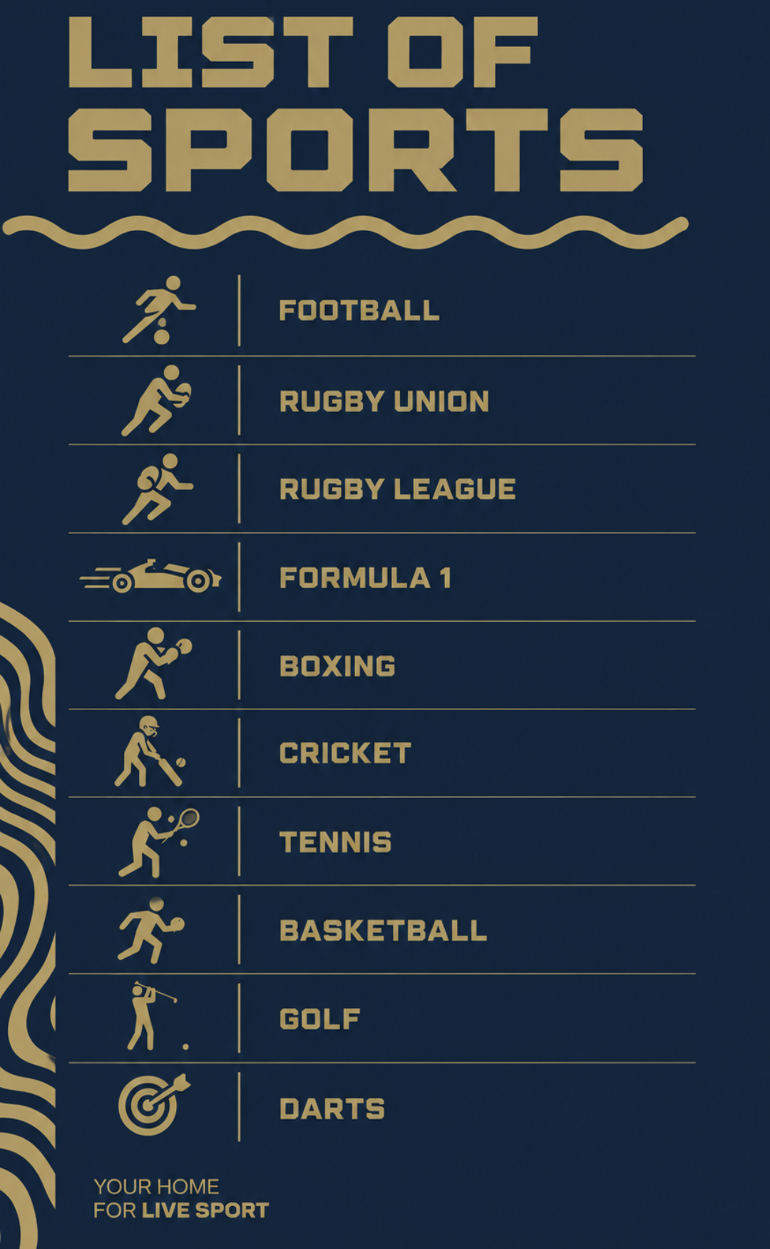 List of sports with icons: football, rugby union, rugby league, Formula 1 car, boxing, cricket, tennis, basketball, golf, and darts, on a blue background.