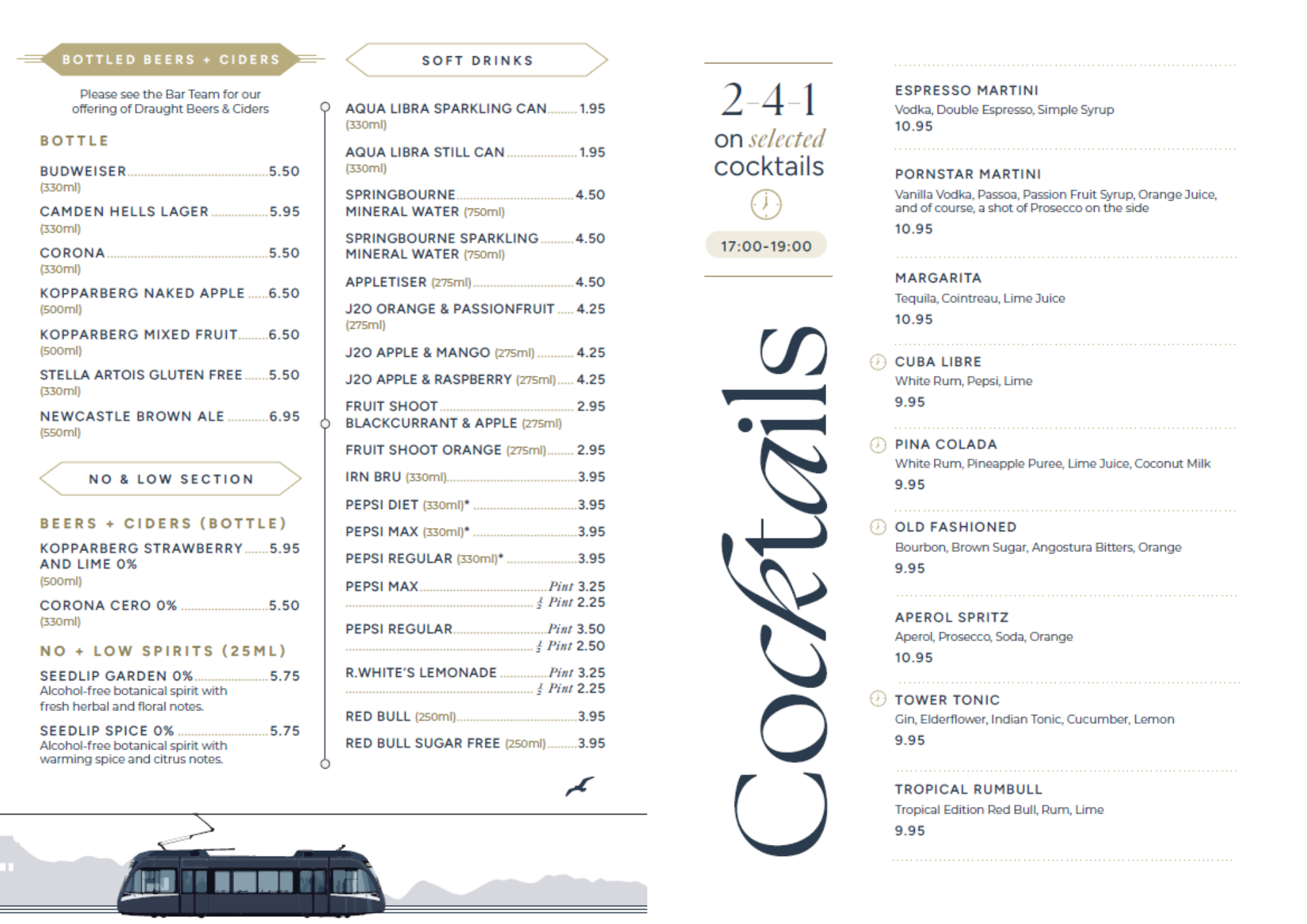 A drink menu listing various bottled beers, ciders, and soft drinks on the left side, with cocktail options and prices on the right side.