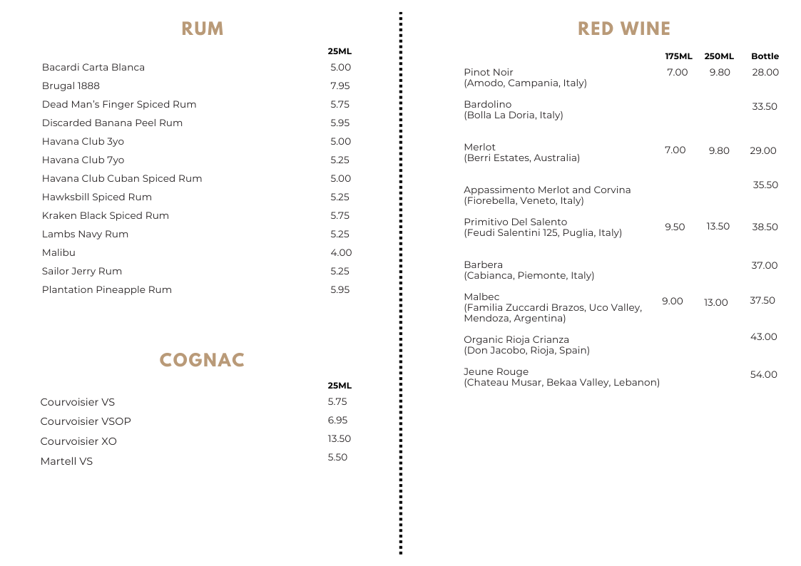 A menu listing different types of rum, cognac, red wines with prices, and their respective volume sizes.