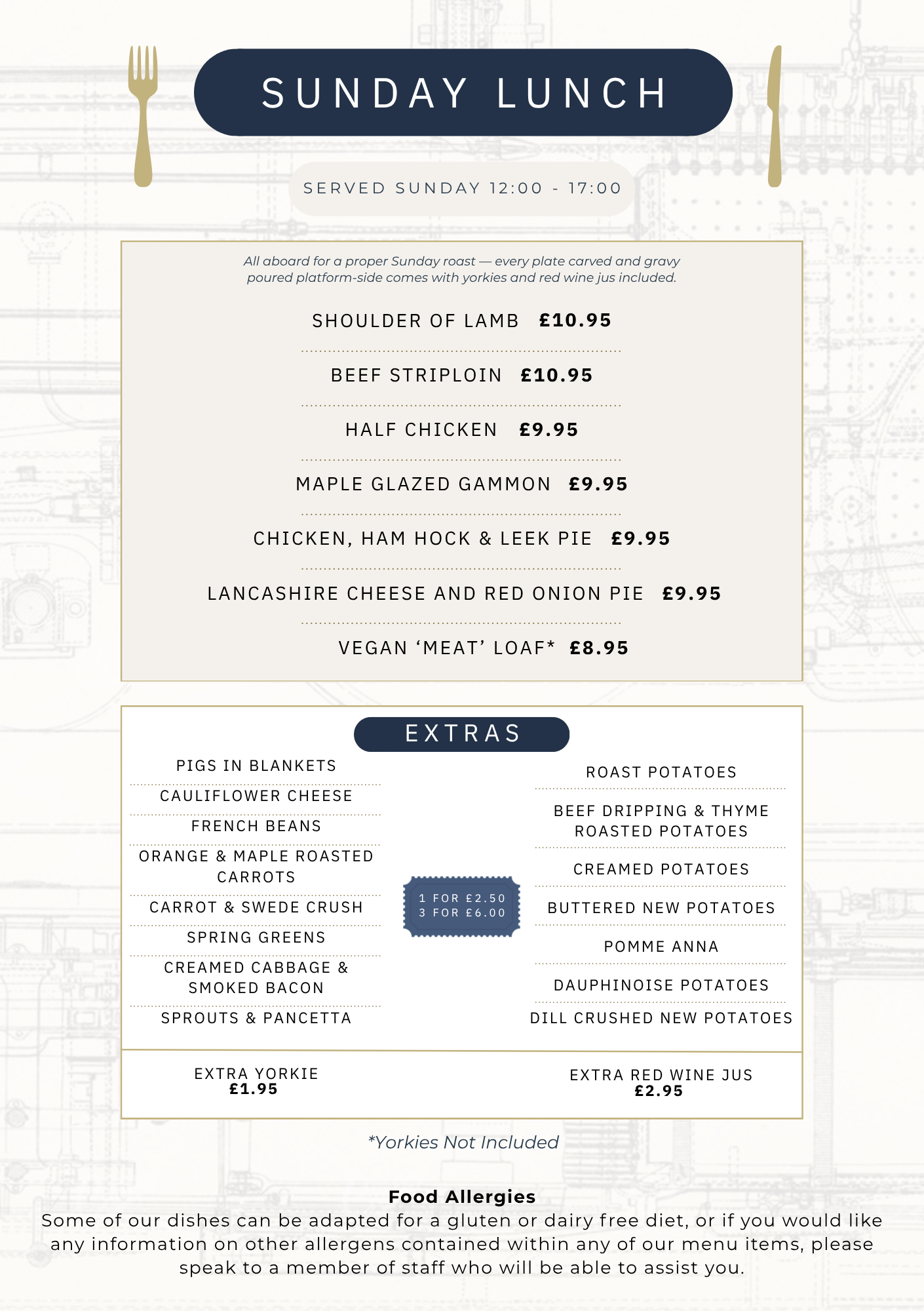 Menu for Sunday lunch featuring options like shoulder of lamb, beef sirloin, half chicken, maple glazed gammon, chicken, ham hock & leek pie, Lancashire cheese and red onion pie, vegan 'meat' loaf, and various extras and sides.
