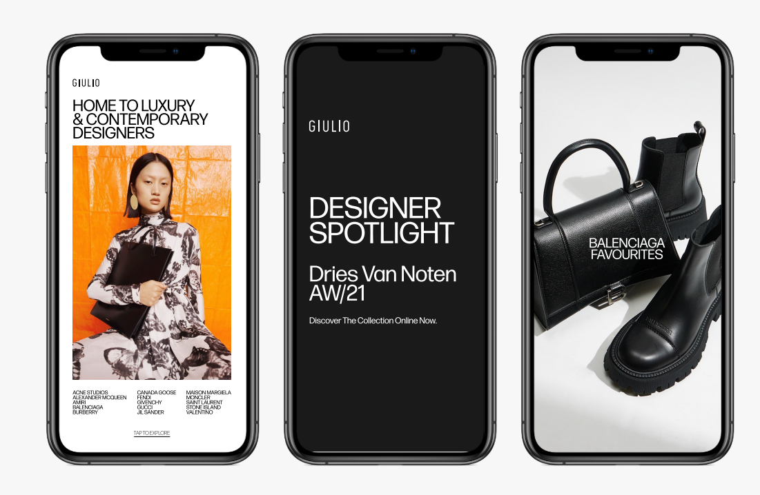 Three smartphones displaying fashion and designer content, with the first phone showing a woman holding a black bag against an orange background, the second listing a designer spotlight on Dries Van Noten, and the third showing black designer handbags and shoes.